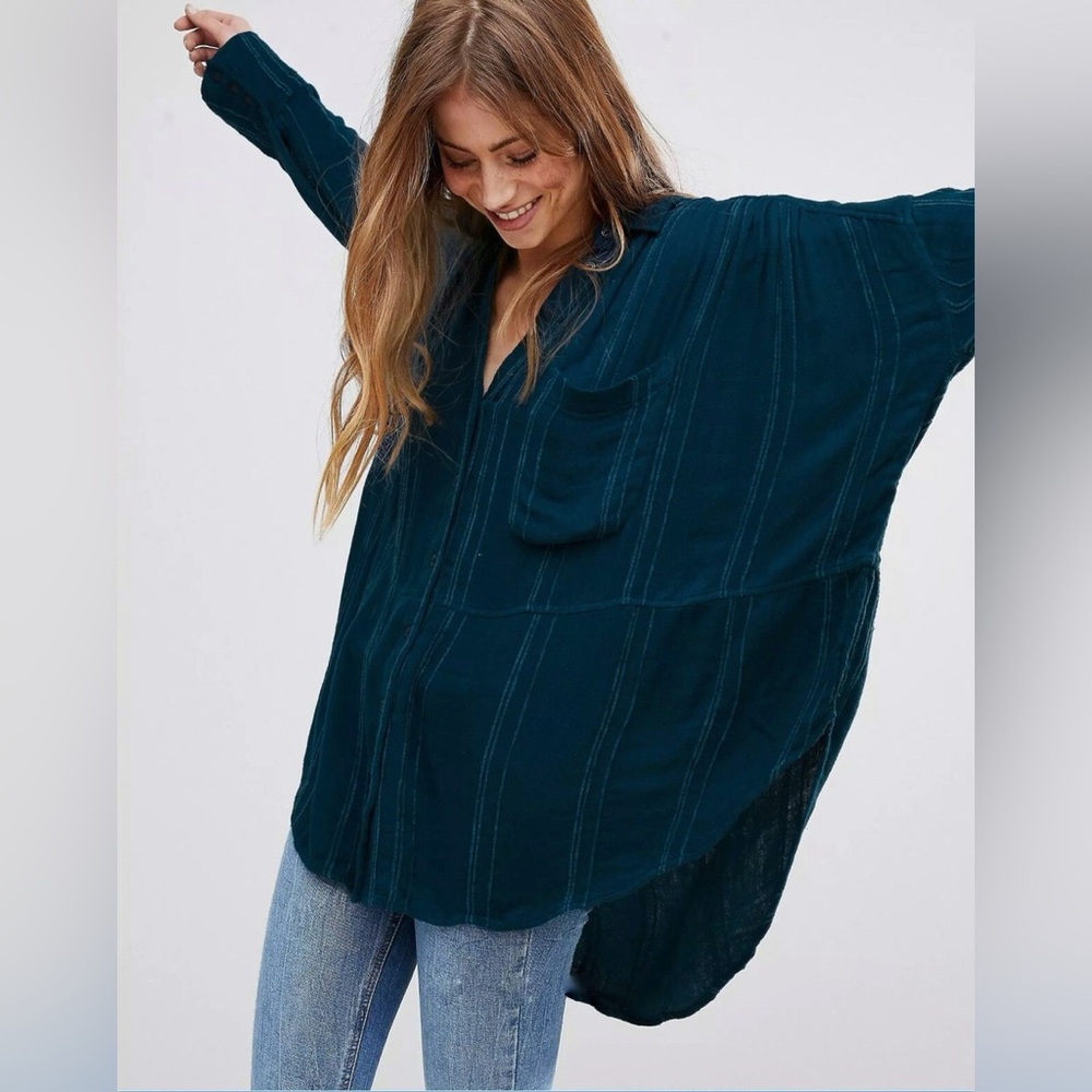Free People Cozy Nights Deep Teal Button Down Blouse